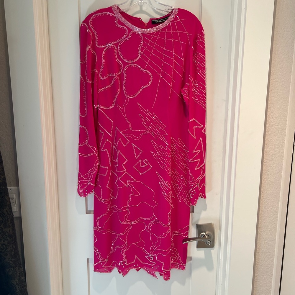 Vintage 90’s Fabrice Vibrant Pink Fuscia Silk Fabric Beaded dress